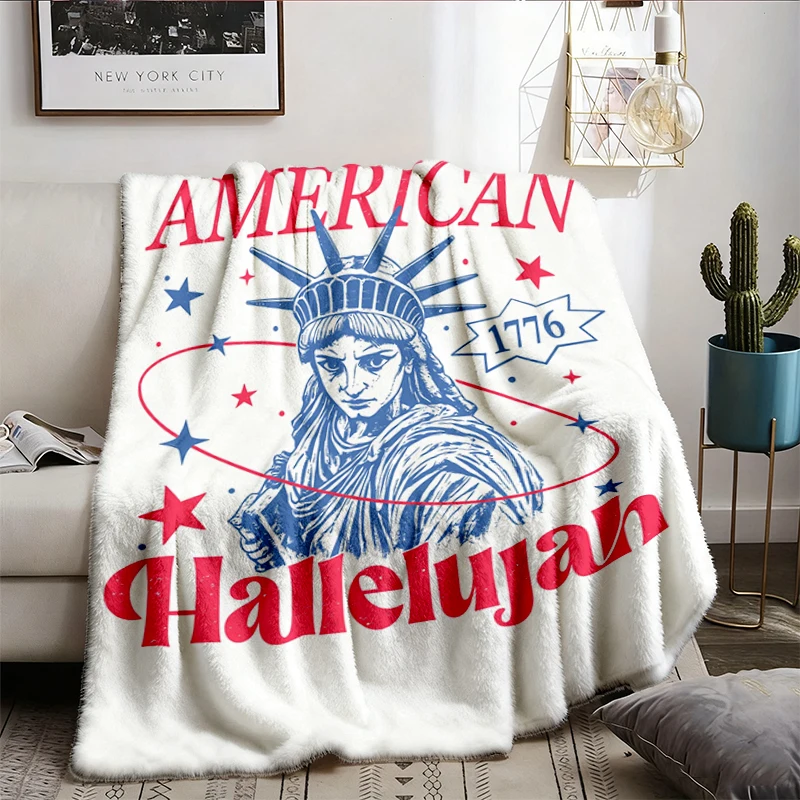 American Hallelujah  Flannel Blanket, Preppy Lady Liberty Graphic Flannel Throw, Patriotic Summer Cozy