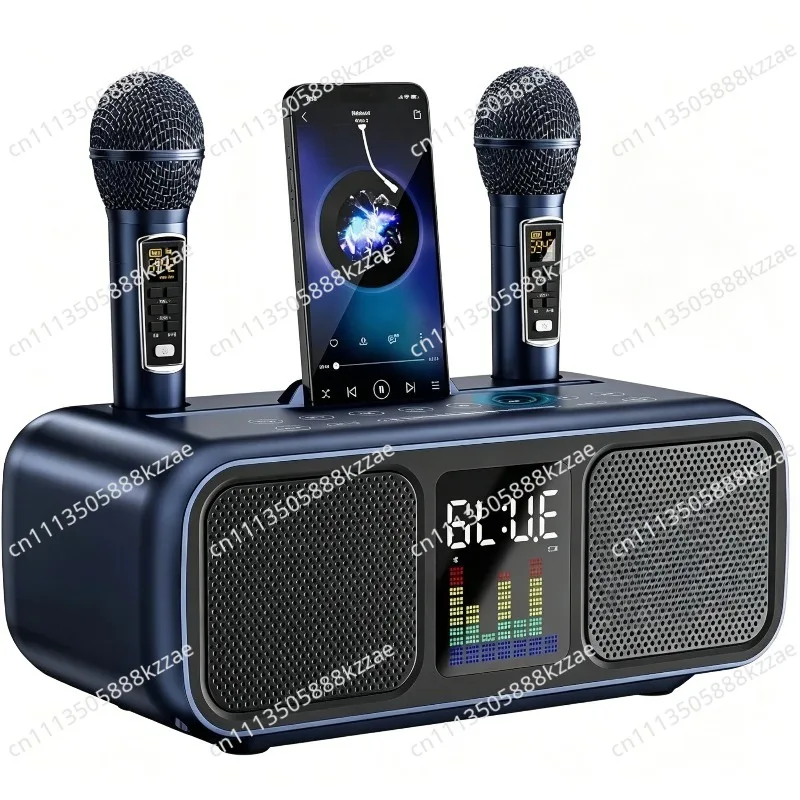2-in-1 Karaoke Player with Bluetooth Speaker & Wireless Microphones, Home Karaoke Machine with Phone Holder for Family Singing
