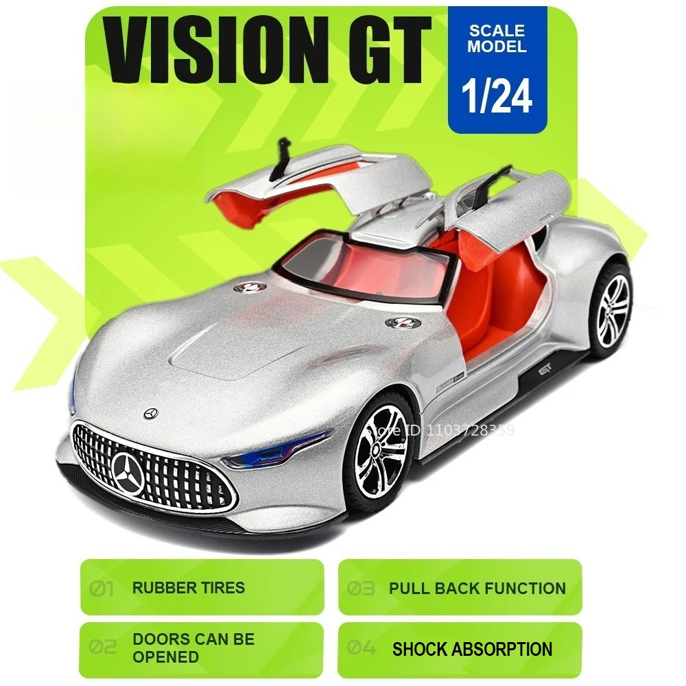 1:24 Vision GT Tourbillon Model Supercar Toys Alloy Diecast Door Opened Shock Absorption Pull Back Table Decoration Sports Cars