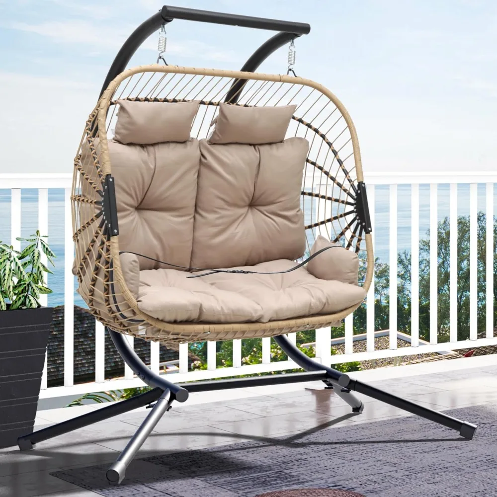 Double Hanging Egg Swing Chair Patio Love Seats 2 Person Couple Wicker Rattan Chair Outdoor With Cushions 500lbs