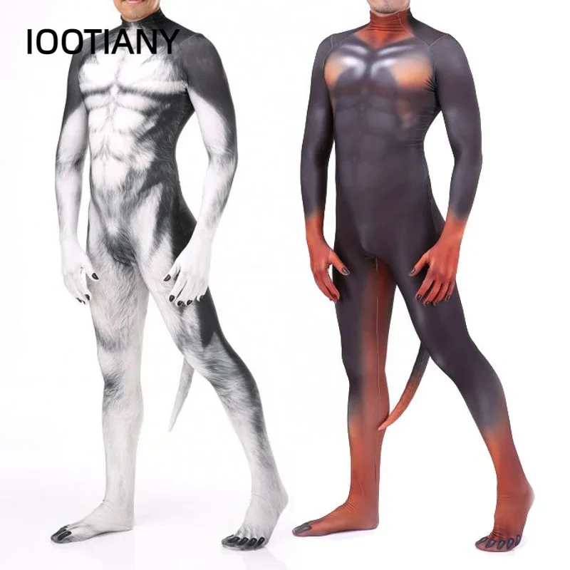 

Cosplay Halloween Wolf Print Bodysuit Cosplay Costumes Scary Party Playsuits Overalls Catsuit Zentai with Tail for Unisex