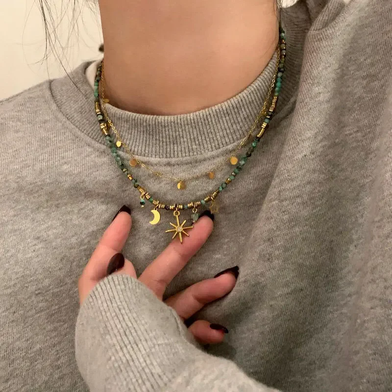 Vintage Colored Harajuku Beaded Star Sun Moon Heart Necklace Women Chinese Style Ethnic Handmade Jewelry Fashion Y2K Charm Gifts