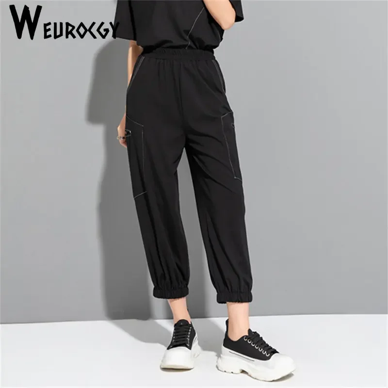 Spring y2k Korean Casual Loose Womens Pockets Ankle-Length Pant Women High Elastic Waist Wide Leg Haren Pant Clothing Streetwear