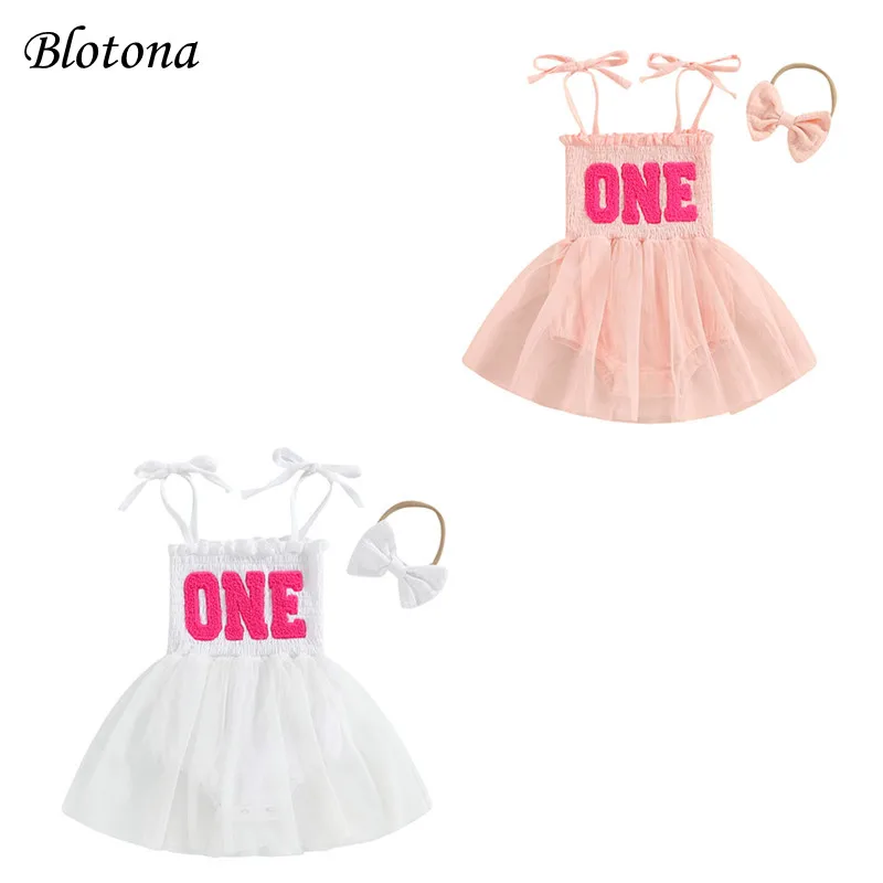 

Blotona Infant Baby Girls Romper Dress Letter Embroidery Tulle Tie Spaghetti Strap Jumpsuit with Bow Headband 1st Birthday Set