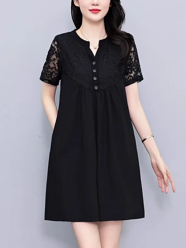 

Elegant Black Lace Dress Women's Summer New Loose Belly Covering Short Sleeve Casual Style Cotton Polyester Blend Dress