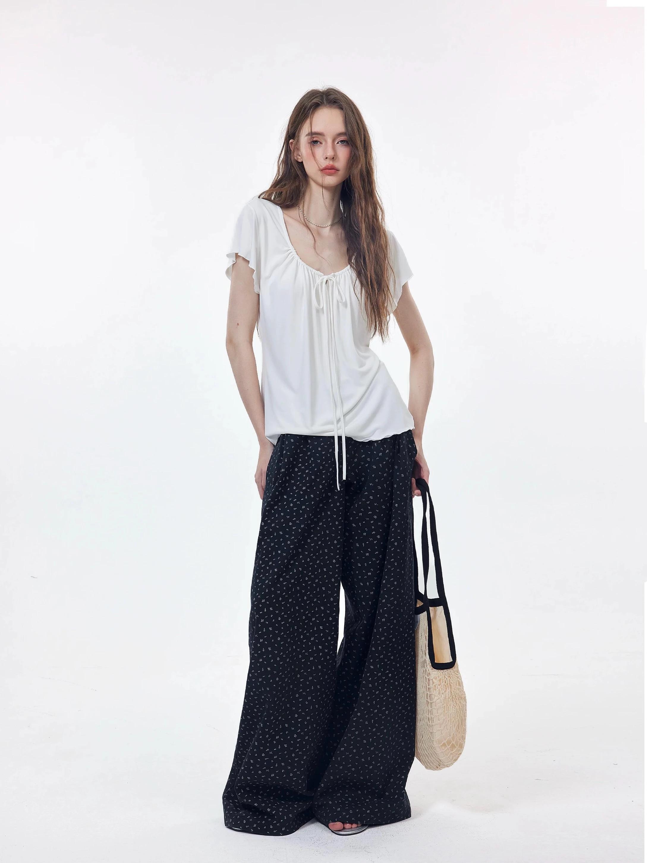 Korean Style Breathable Loose Women's T-Shirt Short Sleeve Gathered Waist Slimming Holiday Relaxing Gentle Knot T-Shirt