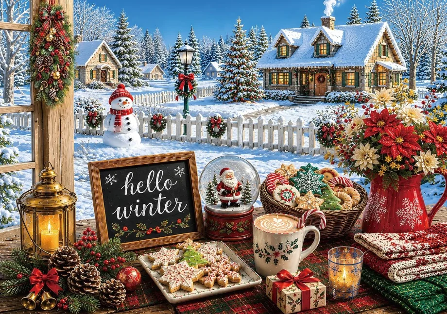500/1000/1200/2000PCS DIY Jigsaw Puzzle Cozy Christmas Winter Snow Cottage Snowman Festive Treats Leisure Collection Puzzle Gift