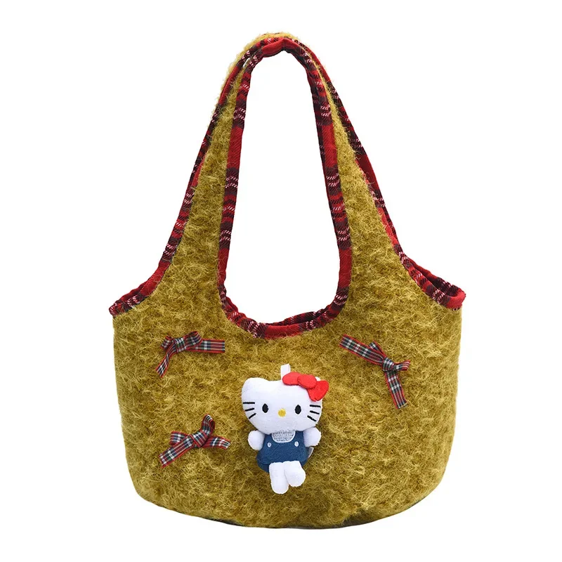 Bolso tipo cubo de mano con dibujos de Hello Kitty para niñas, moda Retro, lana de cordero, un solo hombro, nuevo estilo Premium para invierno 2024