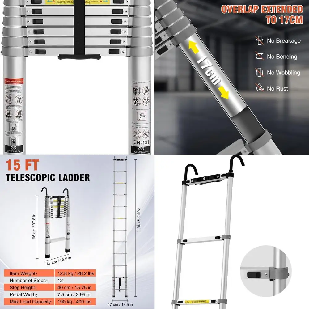 

Aluminum 15-Foot Telescoping Ladder with Hooks, 400 lbs Capacity, Non-Slip Feet, Portable for Home, RV, Attic, Roof