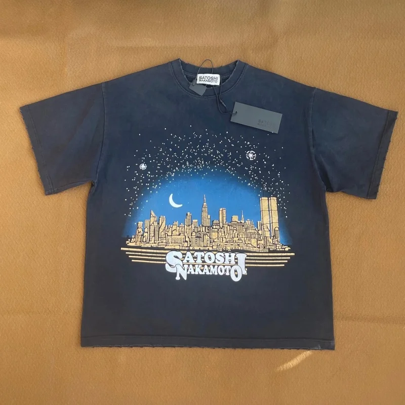 Mens Vintage Wash Short Sleeve T-Shirt Satoshi Nakamoto Oversized Night City Skyline Moon Star Front Print