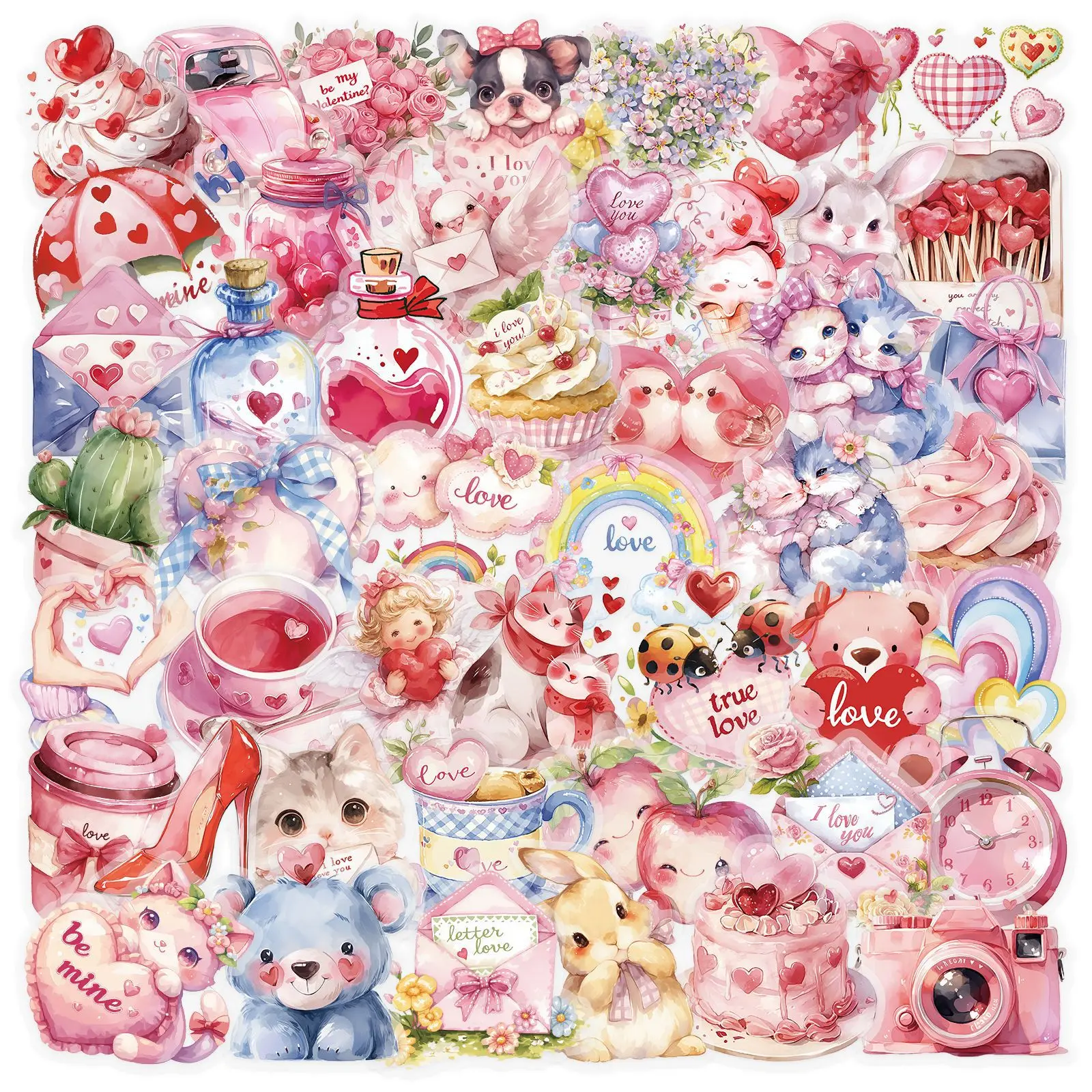 

50/100Pcs Pink PET Clear Valentine Watercolor Heart Stickers for Atmosphere Decor DIY Gift Box Helmet File Holder Lunch Box Car