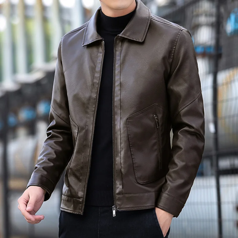 

New 2024 Spring Autumn Solid Color Pu Leather Jacket Men's Casual Motorcycle Faux Leather Coat Outwear Slim Windproof Top Parkas