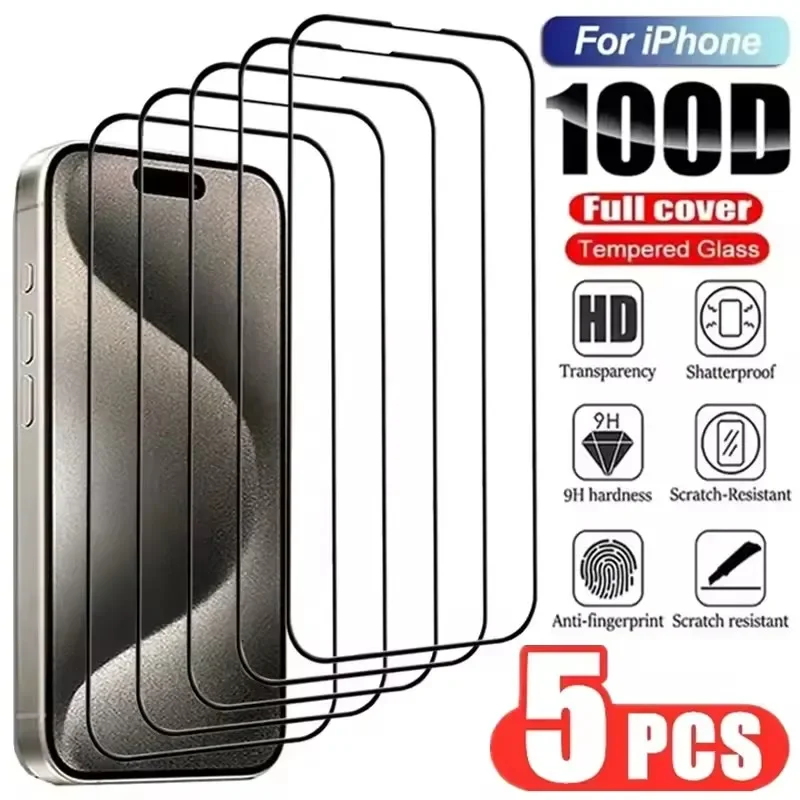 

5Pcs Protective Glass for iPhone 13 11 12 14 Pro Max Mini 8 Plus Screen Protector for iPhone 15 16 PRO X XS MAX Full Cover Glass