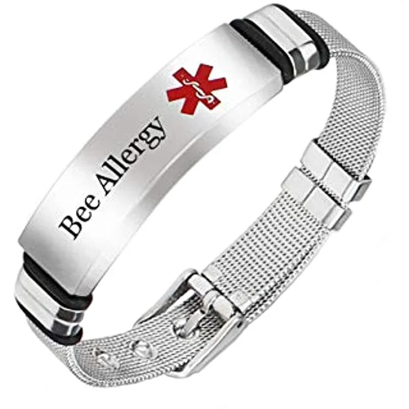 Murinsar Free Customized Surgical Steel Medical Alert Allergy Awareness Bracelet Adjustable ID Bangle for Emergency Aid