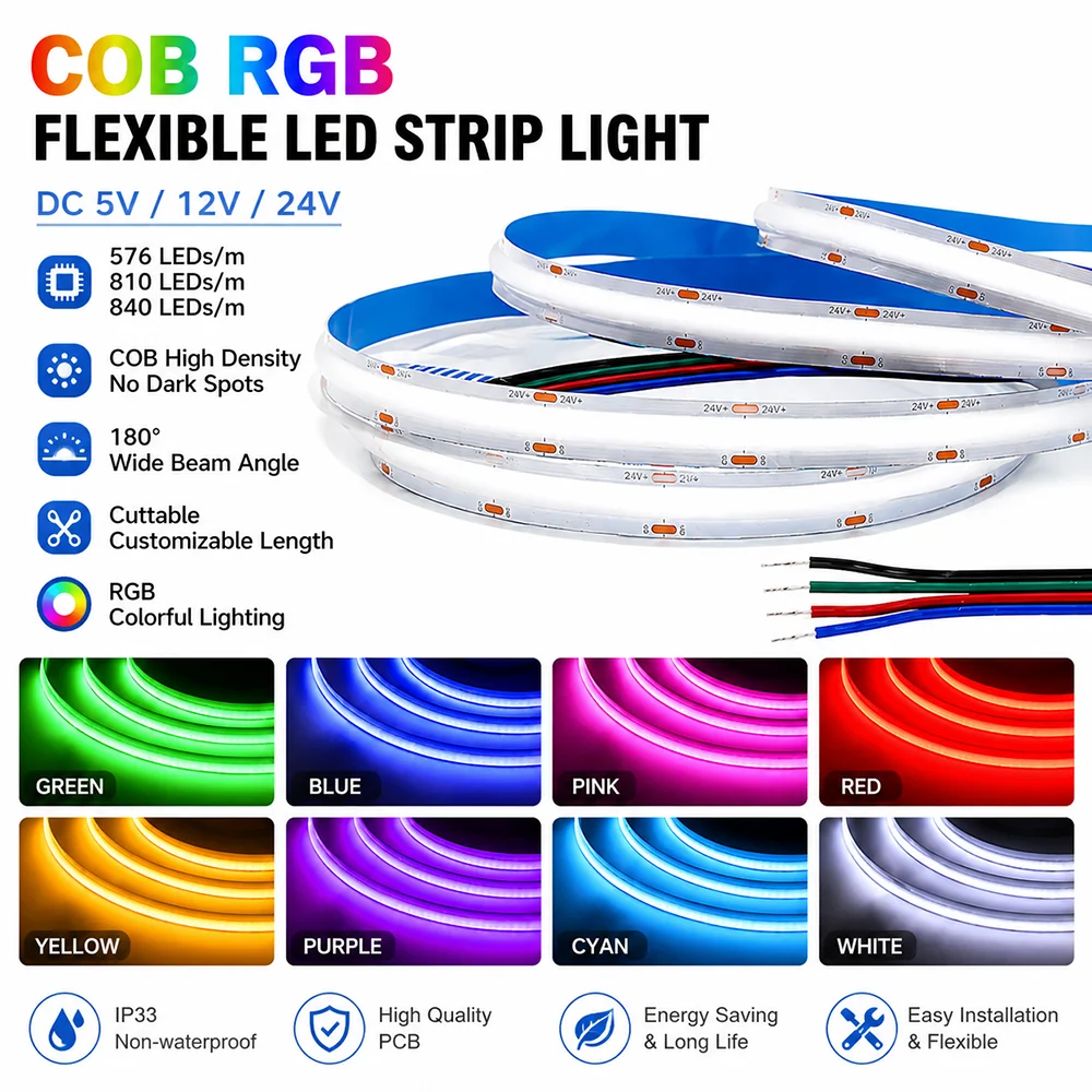 5V 12V 24V 5MM 8MM 12MM COB RGB LED Tape Light 576LEDS 5M/PC FCOB Flexible Strip Soft Lighting for Cabinet Home Party Indoor