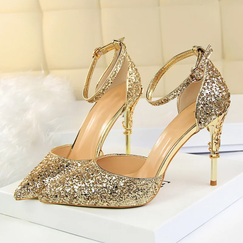 Comemore Elegant Party Sandals Metal Stiletto Glitter Pumps Luxury Women\'s Wedding Shoes Bride Gold Silver 2023 Women High Heels