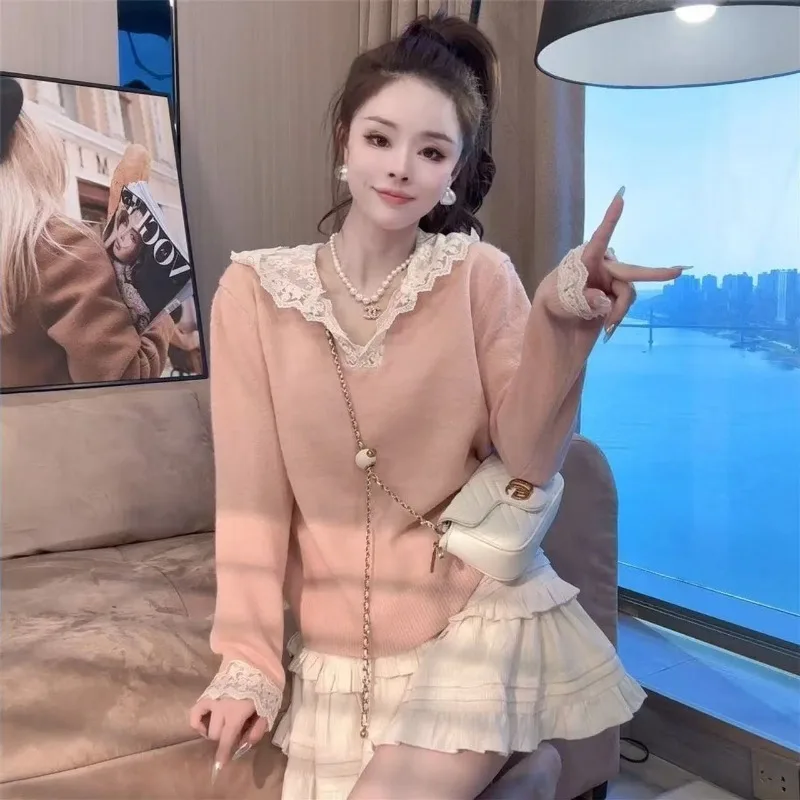 

Ленивый кружевной пуловер с капюшоном в западном стиле, свитер для женщин, осень-зима 2022, свободный возрастной вязаный топ