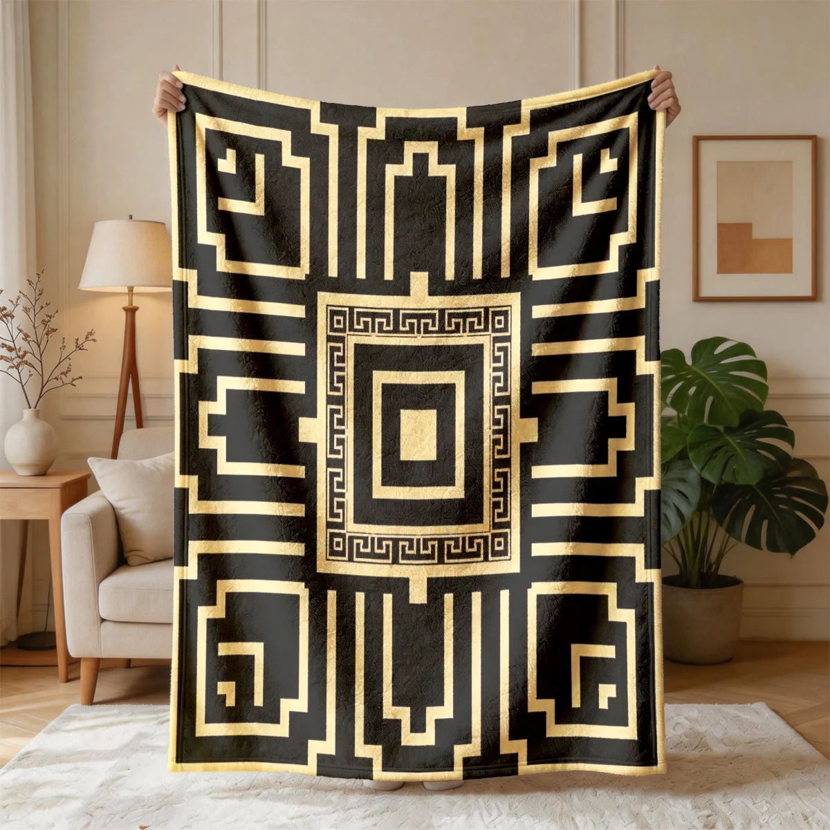Luxury Black and Gold Greek Key Pattern Throw Blanket Cozy Decorative Sofa Bedding for Living Room Decor