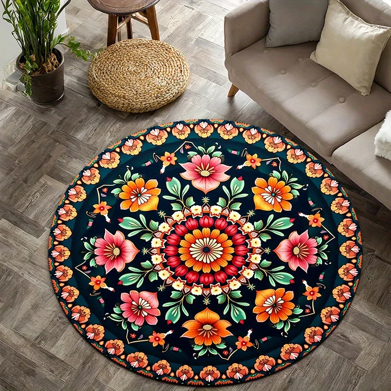Ethnic style flower totem Flannel-printed round floor mats are slip-resistant Suitable for living bedroom terrace garden carpets