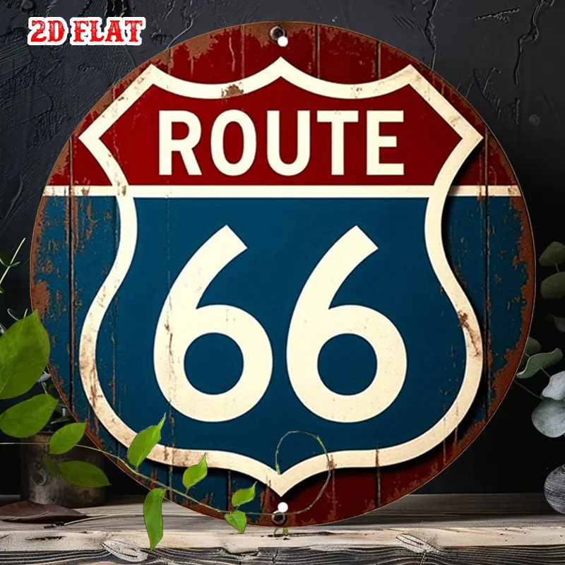 2D Flat 7.8X7.8 Round Route 66 Highway Symbol Aluminum Sign Americana Decor Gift For Cafe