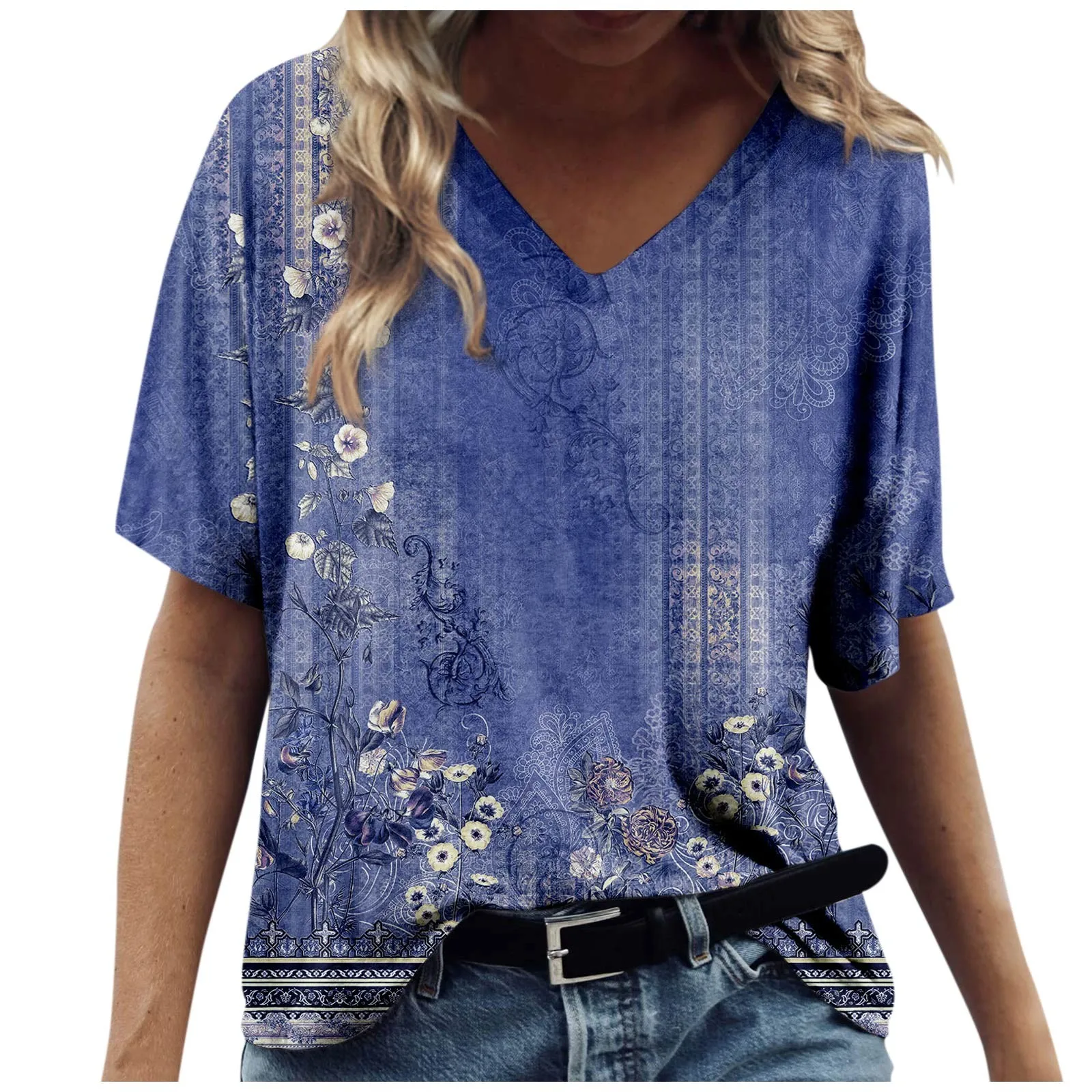 2024 Women'S Summer Fashion New Product Flower Print Women'S Leisure V-Neck Short Sleeved T-Shirt Trendy Slimming Ropa Mujer