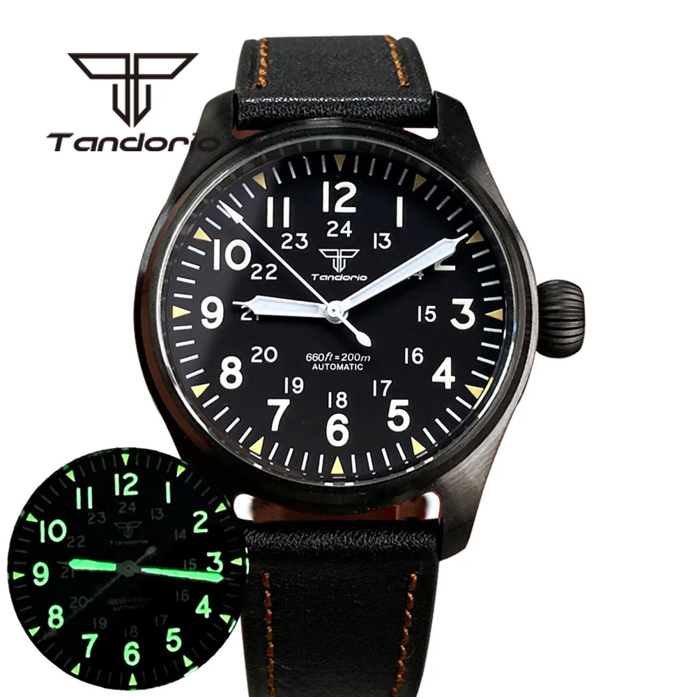 Tandorio Dress Black PVD 39mm 200m Dive Pilot Automatic Men Watches NH35A PT5000 Big Screw Crown Sapphire Glass Green Luminous