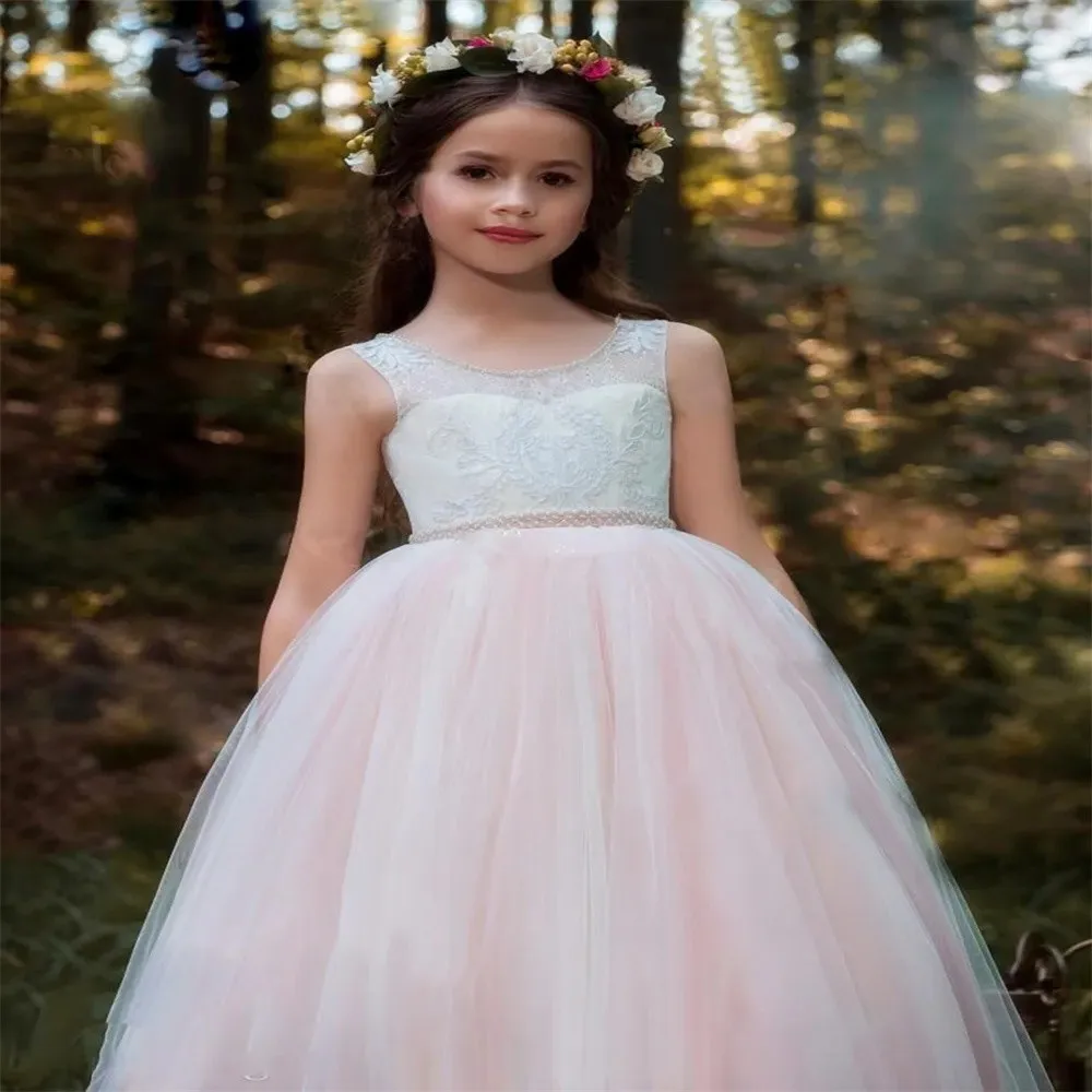 

Flowergirl Dresses Tulle Fluffy Sleeveless Ball First Communion Wedding Party Gowns Tulle Crystals Bow Custom Made Clothing