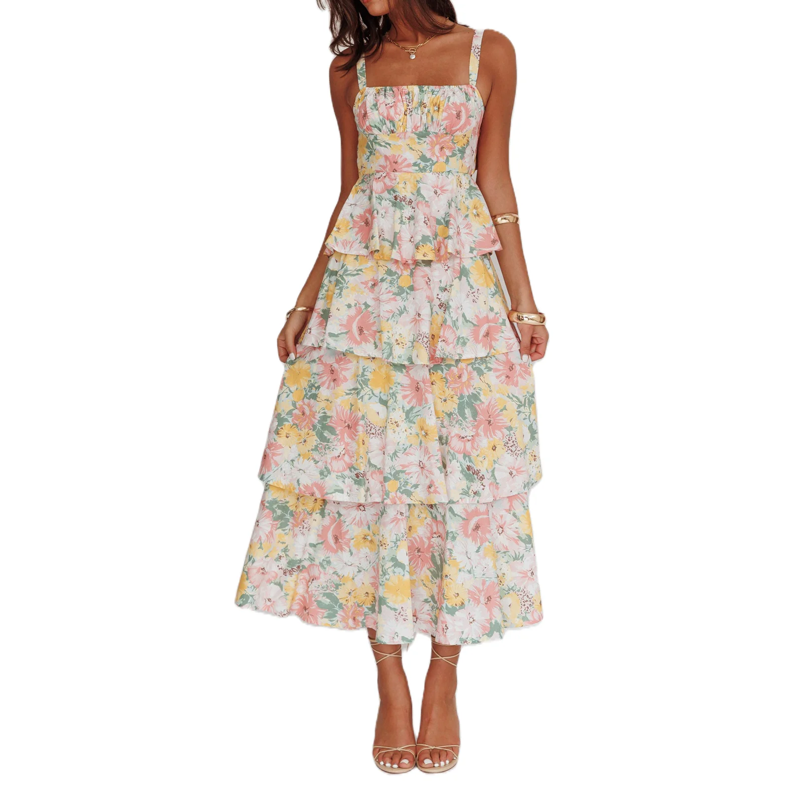 Vrouwen Y2K Ruffle Tiered Flowy Jurken Boho Bloemen Maxi Jurk Spaghetti Ruglooze Voor Strandvakantie Zomerfeest Dagelijkse slijtage