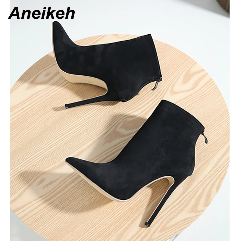 Aneikeh 2024 Winter Women Ankle Boots Sexy Pointed Toe Thin High Heel Concise MATURE Zippers Party Dress Shoes Black Size 35-42