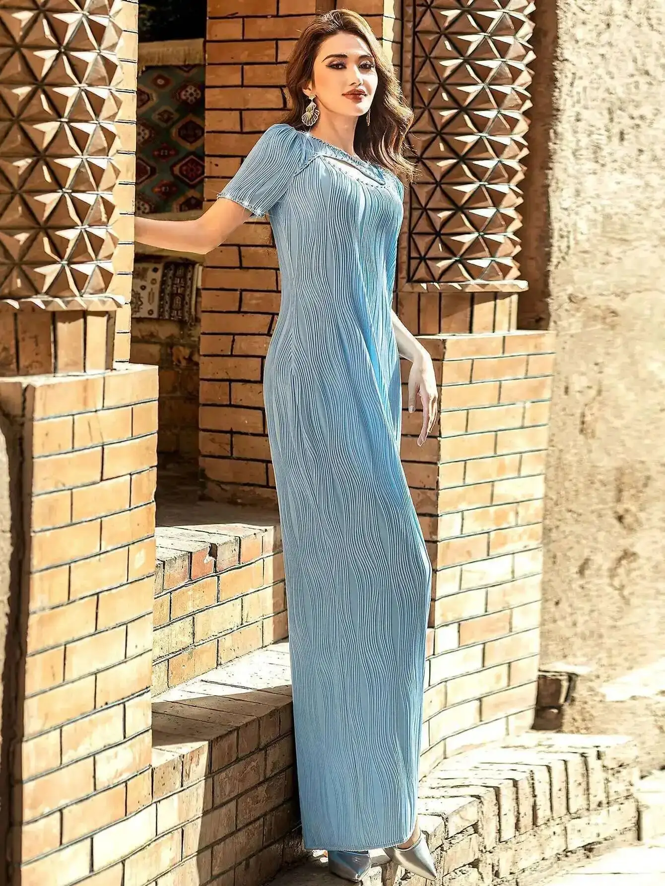 

Новое облегающее синее текстурированное сексуальное платье Ba5167, модное базовое длинное платье-юбка, абайя, роскошное исламское элегантное платье для Рамадана в Дубае