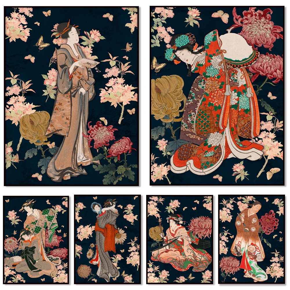 Vintage geisha prints, Japanese prints, oriental art, flower art prints, butterfly prints, vintage art