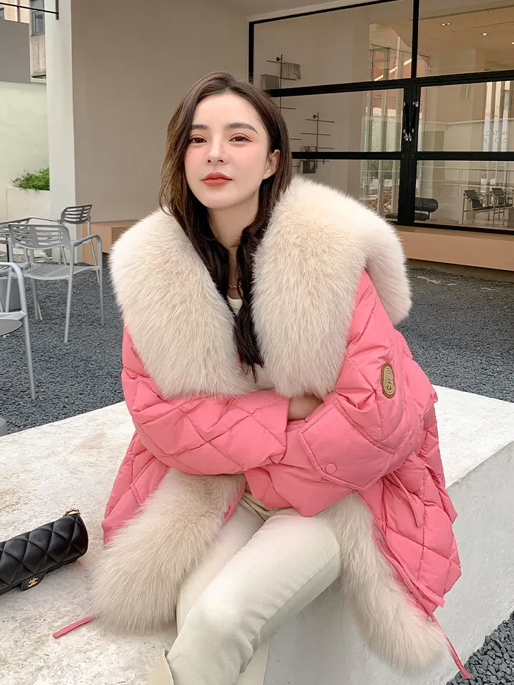 Big Luxury Faux Fox Fur Collar Down Coat 2024 Women Winter Fluffy Loose Puffer Jacket Chic Feather Female Parka Snow Outwear