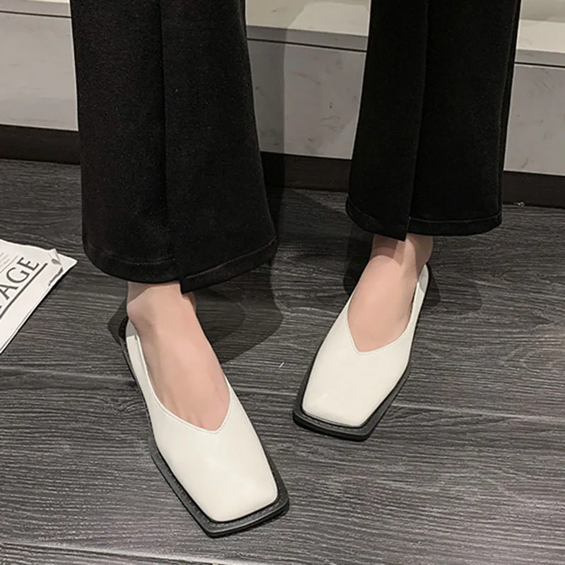 2024 Spring New Flat Shoes Square Toe Shallow Mouth Slip-on Loafers Casual Solid Color Leather Women\'s Single Shoe Zapatos Mujer