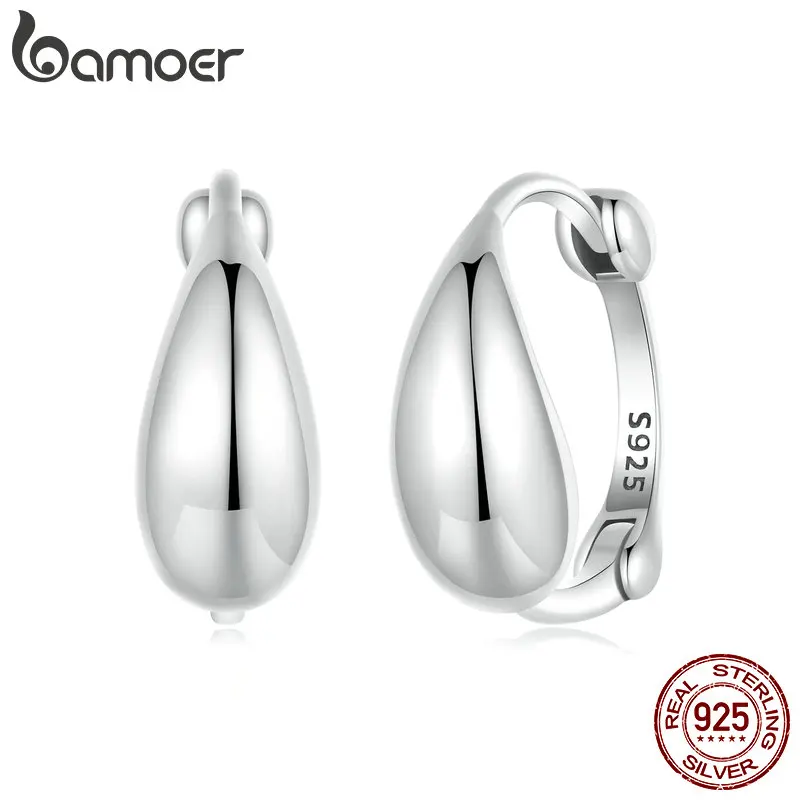 BAMOER Solid 925 Sterling Silver Chunky Water Droplet Hoop Earrings for Women, Lightweight Waterdrop Hollow Fashion Jewelry