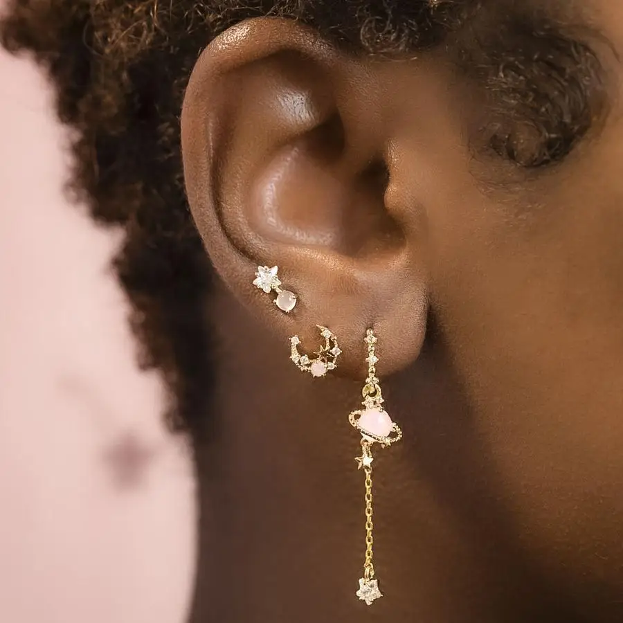 ins Vintage Exquisite Zircon Star Moon Chain Earring Gold-plated Starry Planet Stud Earrings Set For Women Girls Fashion Jewelry