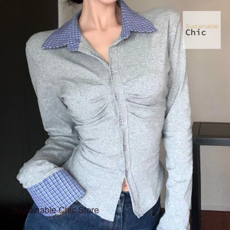 Korean style fashion new polo neck long sleeve knit top women's spring and autumn new versatile pleated contrast plaid shirt