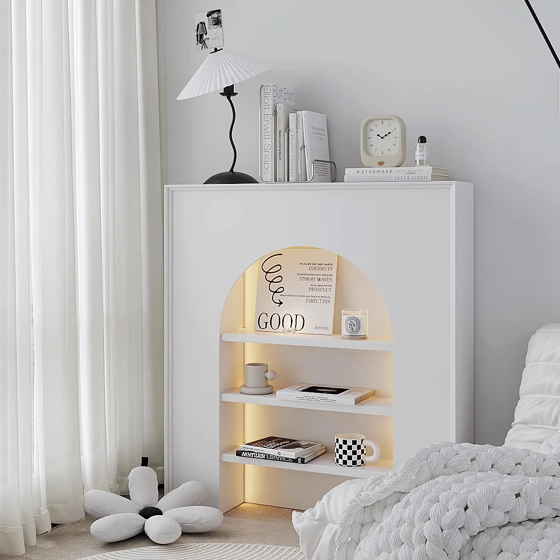 French-style white fireplace decorative cabinet with lamp, living room simple entrance display cabinet, live stream, homestay ar