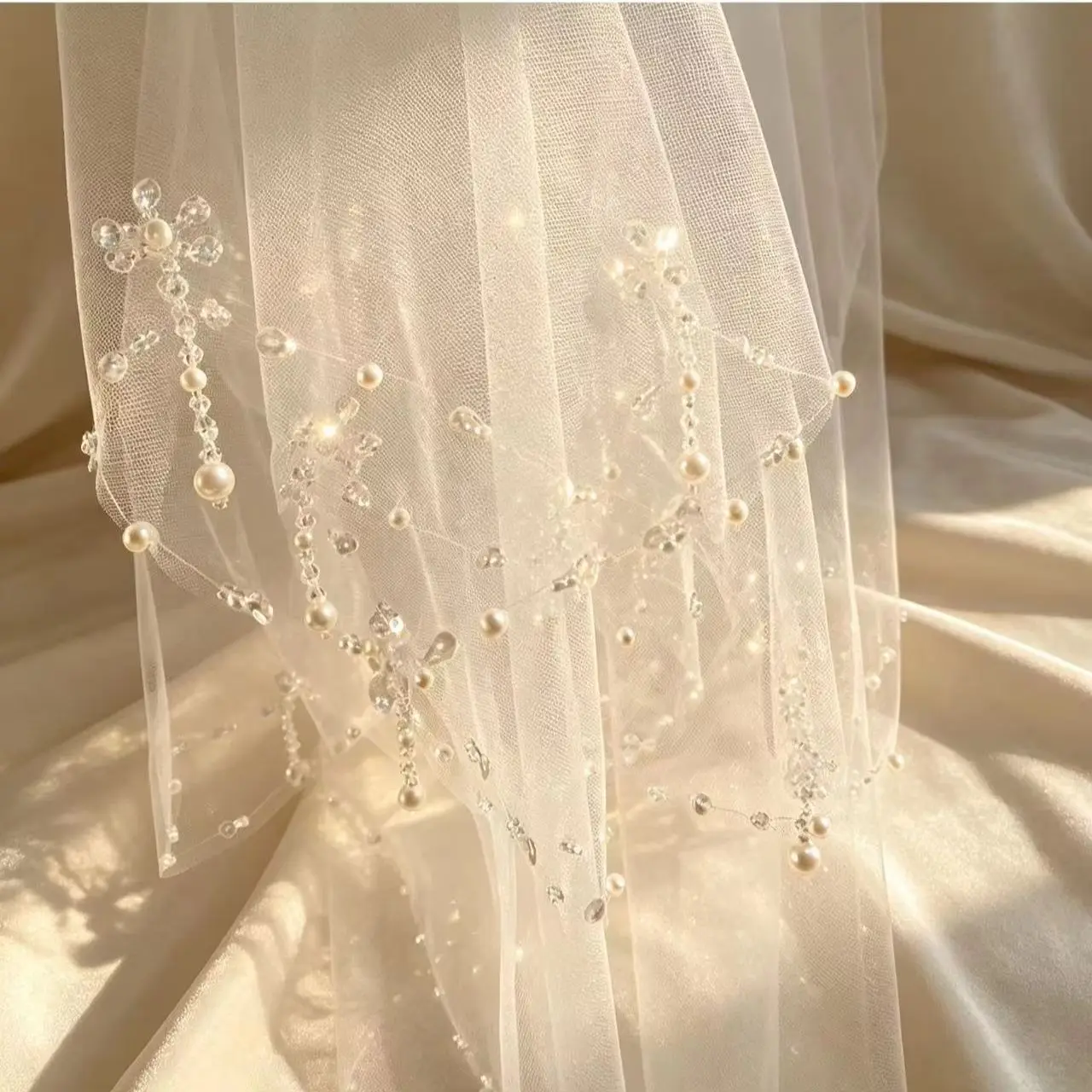 New bridal veil hand-sewn pearl beaded wedding headgear double layer with hair comb veil image 5