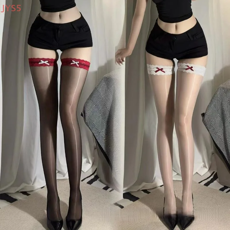 1 paio di calze al ginocchio con fiocco in pizzo ultra sottile, colore contrastante, calze oliate
