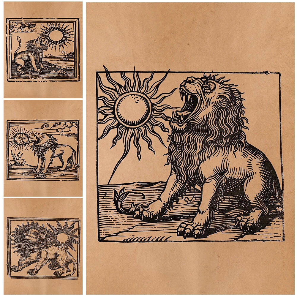 Lion Devouring The Sun,Vintage Alchemist Wall Art Canvas Painting,Ancient Occult Witch Art Poster Print,Wiccan Decor Unframed