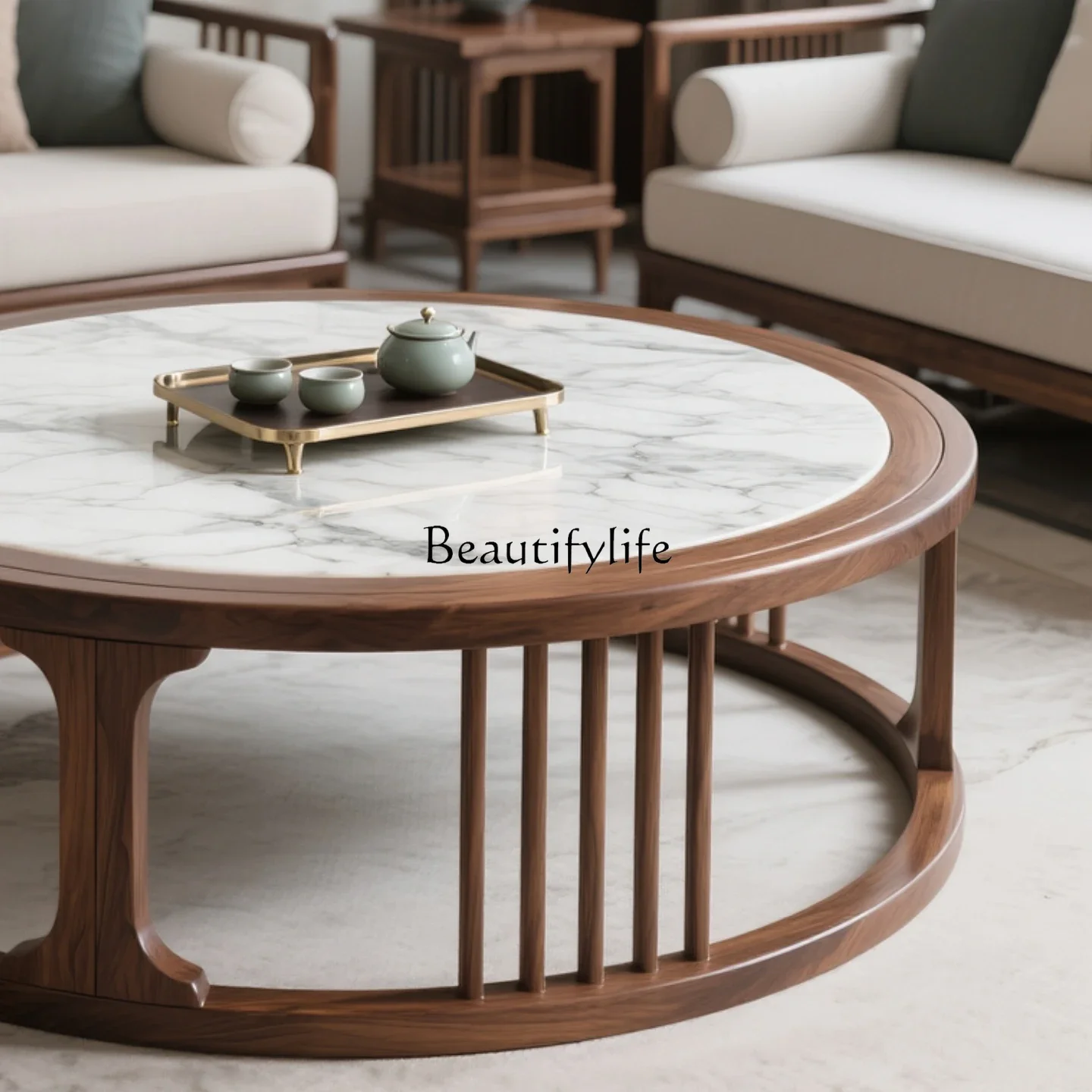 

yj21 New Chinese North American black walnut solid wood coffee table rock slab simple modern round coffee table