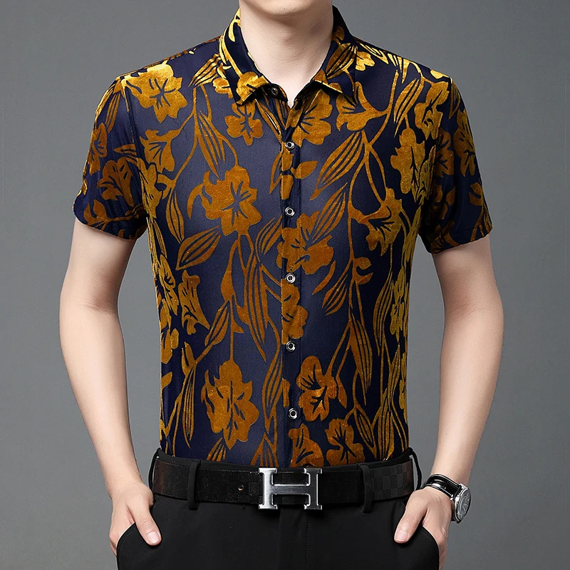 

Velvet Hollow Breathable Shirts For Men High-End Short Sleeve Summer Quality Smooth Comfortable Stretchy Silky Camisas De Hombre