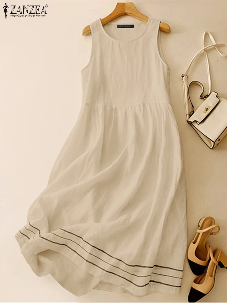 ZANZEA 2024 ฤดูร้อนชุดเดรสแขนกุดผู้หญิงแฟชั่น A-Line Holiday Beach Tanks Vestidos ทํางาน Sarafans Casual หลวมผ้าฝ้าย Sundress
