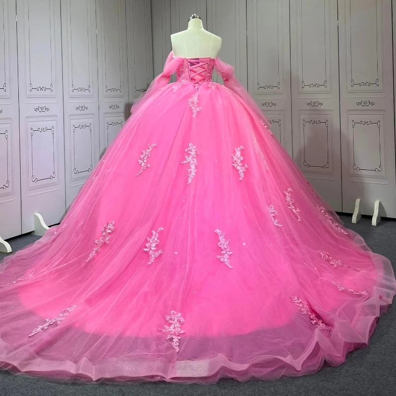 Vestidos de quinceañera de princesa roja rosa brillante con hombros descubiertos, apliques de cuentas de encaje, vestidos de fiesta de cumpleaños de tul de 15 anos dulces