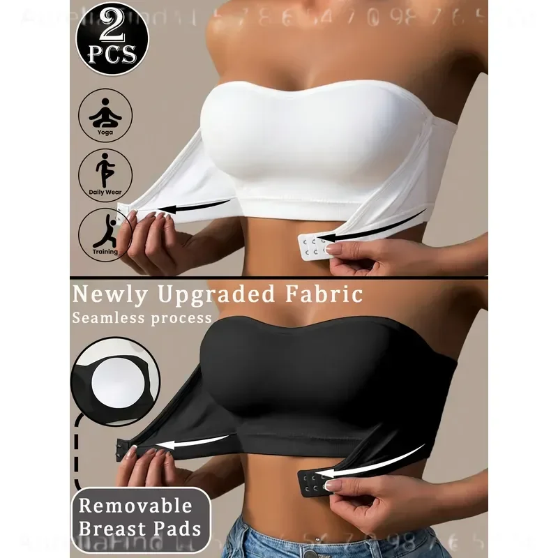2pcs Women Strapless Bandeau Bra Wire Free Front Hook Removable Pads Anti Slip Seamless Ruffled Edge Breathable Daily Party