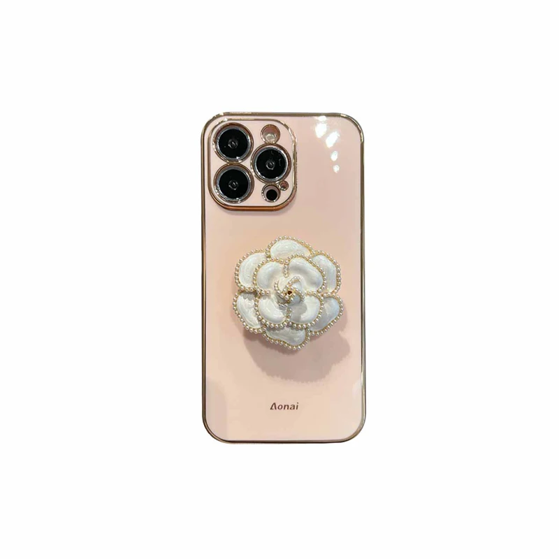 Stylish Camellia Bracket Phone Case For iPhone 15 14 13 12 11 Pro Max All-Inclusive Drop Proof Cartoon Girl Cute Phone Case