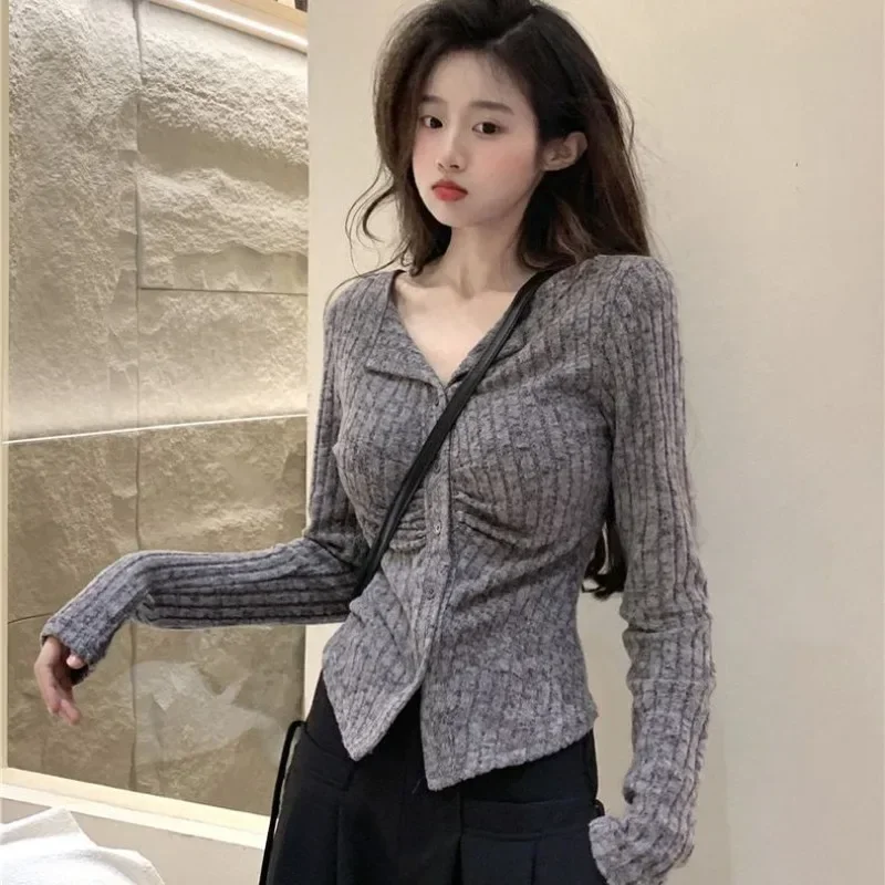 Women Retro Folds Autumn Tender Feminine Sweet Long Sleeve Tops Fashion Young American Style Basic Street Wear