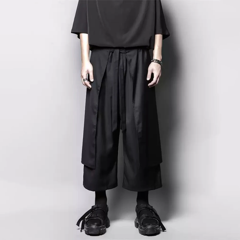 

Mens Spring Skirt Pants Dark Double-Layer Side-Swept Ribbon Patchwork Samurai Pants Hakama Streetwear Fashion Niche Youth Pants