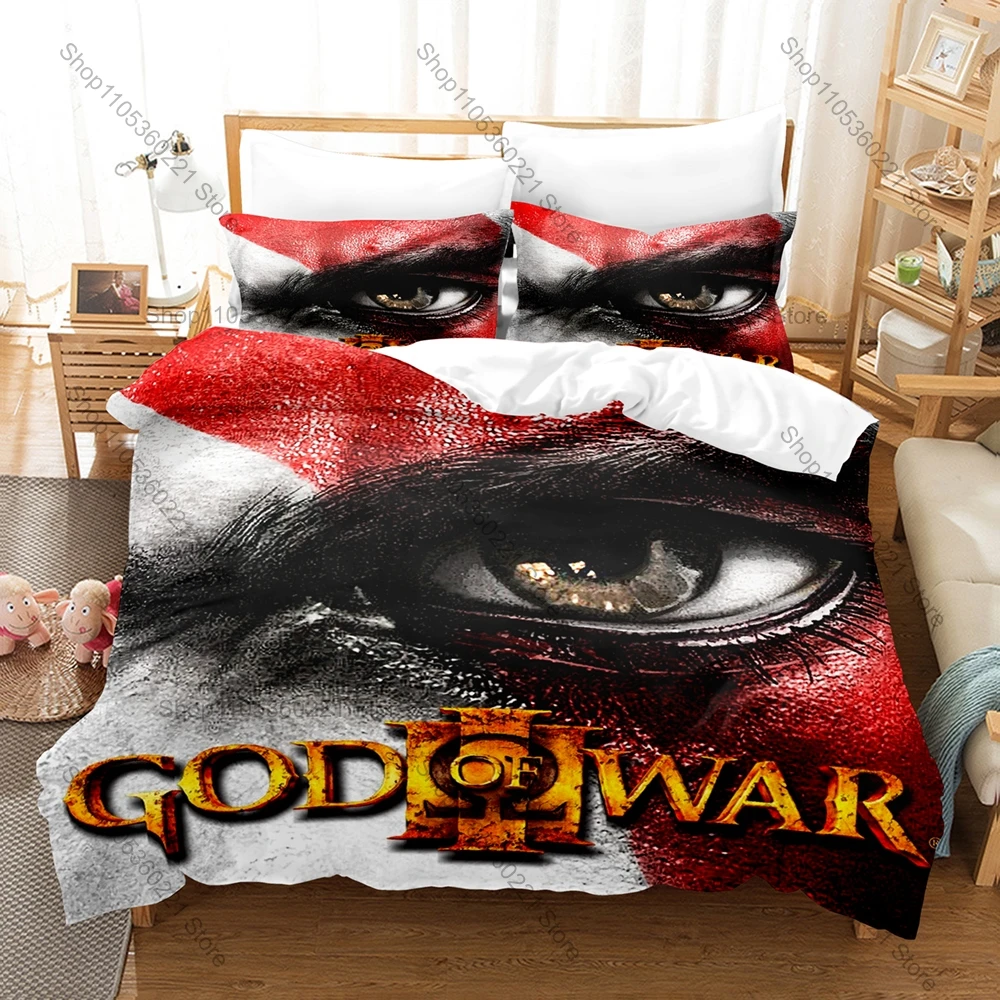 Cool God of War Kratos Atreus Norse Myth Viking Warrior Action Adventure Game HD Print Bedding Set Duvet Cover + 2 Pillowcases