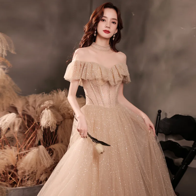 

Prom Dresses Retro Chic Tulle Sequins Floor-Length Princess Dress Temperament A-Line Graduation Party Gown